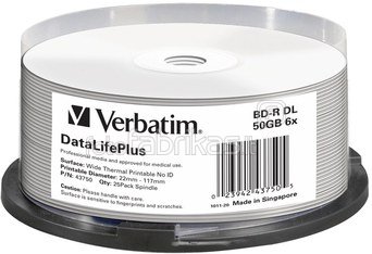 1x25 Verbatim BD-R Blu-Ray 50GB 6x Speed thermal printable CB