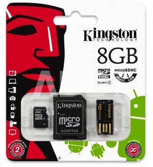Atminties kortelė Kingston microSD 8GB + SD ir USB adapteris