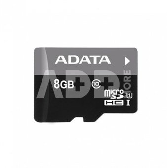 A-DATA 8GB Premier microSDHC UHS-I U1 Card (Class 10), Sequential reads are up to 50 MB/second, and write speeds reach the UHS-I speed class 1 specification, with micro reader V3, retail