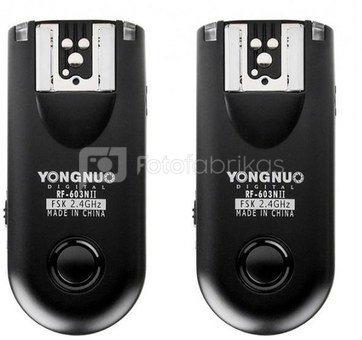 A set of two Yongnuo RF603N II flash triggers with a N1 for Nikon cable
