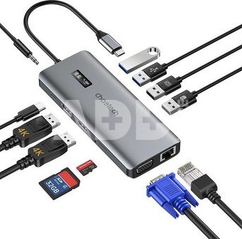 Adaptér 12w1 Choetech HUB-M26 USB-C pro USB-C+ USB-A+ HDMI+ VGA+ AUX+ SD+ TF (šedý)