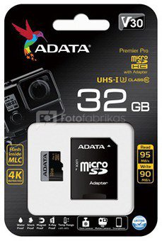 ADATA Premier Pro UHS-I U3 V30G 32 GB, MicroSDHC, Flash memory class 10, microSD adapter