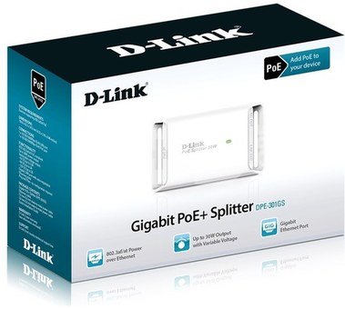 D-LINK DPE-301GS, Gigabit PoE Splitter, Compliant with IEEE 802.3af/802.3at PoE standards, 2 10/100/1000 Base-T Gigabit Ethernet Ports; Intup voltage: 54V DC (PoE); Output voltage: 5V/9V/12V DC; Output power: up to 30W; Designed to deliver both data and electrical power to FE or GE devices without PoE support using the Cat5 Ethernat cable (such as Wireless Access Points, Network Camera, VoIP Phone and etc.)