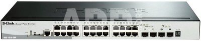 D-LINK DGS-1510-28P, Gigabit Stackable SmartPro Switch with 24 10/100/1000Base-T PoE ports, 2 Gigabit SFP, 2 10G SFP+ ports, 802.3x Flow Control, 802.3ad Link Aggregation, 802.1Q VLAN, 802.1p Priority Queues, Port mirroring, Physical (up to 6 devices) and Virtual SIM (up to 32 devices) stacking, PoE Budget 193W, 802.3af, 802.3at support, Jumbo Frame support, 802.1D STP, ACL, LLDP, Cable Diagnostics, Auto Surveillance VLAN, Auto Voice VLAN,