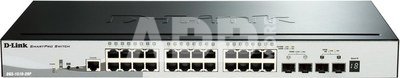 D-LINK DGS-1510-28P, Gigabit Stackable SmartPro Switch with 24 10/100/1000Base-T PoE ports, 2 Gigabit SFP, 2 10G SFP+ ports, 802.3x Flow Control, 802.3ad Link Aggregation, 802.1Q VLAN, 802.1p Priority Queues, Port mirroring, Physical (up to 6 devices) and Virtual SIM (up to 32 devices) stacking, PoE Budget 193W, 802.3af, 802.3at support, Jumbo Frame support, 802.1D STP, ACL, LLDP, Cable Diagnostics, Auto Surveillance VLAN, Auto Voice VLAN,