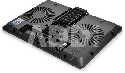 Deepcool ergonomic stand- cooler. black , USB 3.0 pass- truoght, it can be used as a notebook stand and/or cooling pad. The adjustable anti-skid holders are compatible ~15.6" laptops. The two 140mm silent fan and full range mesh surface with aerodynamic designed intake provide silent and efficient cooling.