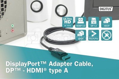 Digitus Adapter cable Displayport 1.2 with interlock 4K 60Hz UHD Typ DP/HDMI A M/M black 1m