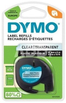 Dymo label printer tape LetraTag Plastic 12mmx4m, black/transparent