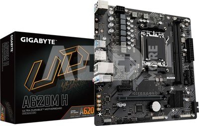Gigabyte A620M H 1.0 M/B Processor family AMD, Processor socket AM5, DDR5 DIMM, Memory slots 2, Supported hard disk drive interfaces  SATA, M.2, Number of SATA connectors 4, Chipset AMD A620, Micro ATX