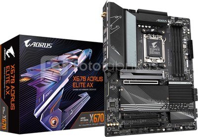 Gigabyte X670 AORUS ELITE AX 1.0A M/B Processor family AMD, Processor socket AM5, DDR5 DIMM, Memory slots 4, Supported hard disk drive interfaces  SATA, M.2, Number of SATA connectors 4, Chipset AMD X670, ATX