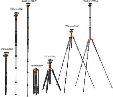 K&F 198cm Aluminum Camera Tripod, 3-section Central Axis with Ball Head KF09.124