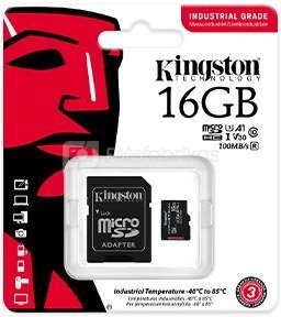 Kingston UHS-I 16 GB, microSDHC/SDXC Industrial Card, Flash memory class Class 10, UHS-I, U3, V30, A1, SD Adapter