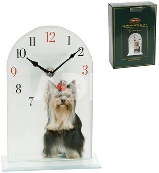 Laikrodis pastatomas stiklinis su šuns Yorkshire Terrier atvaizdu H:21 W:14 D:6
