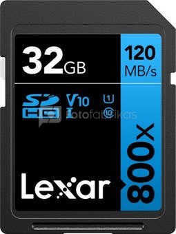 LEXAR PROFESSIONAL 800X SDHC UHS-I CARDS, C10 V10 U1, R120/45MB 32GB