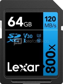 LEXAR PROFESSIONAL 800X SDXC UHS-I CARDS, C10 V10 U1, R120/45MB 64GB