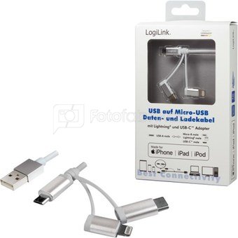 Logilink USB 2.0 cable, USB-A/M to Micro-USB+USB+Lightning CU0126 1 m, USB 2.0 micro B/Plug + Lightning/Plug + USB-C/Plug, USB 2.0 A/Plug