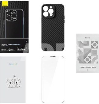 Magnetické pouzdro Baseus řady Synthetic Fiber pro iPhone 14 Pro (černé)+ tvrzené sklo + čisticí sada