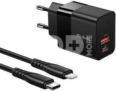 Mcdodo CH-1952 USB + USB-C wall charger, 20W + USB-C to Lightning cable (black)