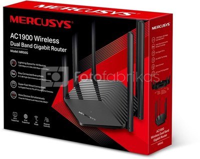 Mercusys Dual-Band Router MR50G 802.11ac, 600+1300 Mbit/s, 10/100/1000 Mbit/s, Ethernet LAN (RJ-45) ports 2, MU-MiMO Yes, Antenna type 6xFixed, Black