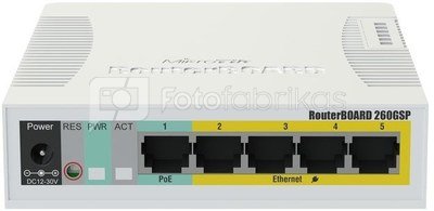MikroTik Switch RB260GSP (Taifatech TF470, 96K SRAM, 5x1GbE RJ45, 1x1GbE SFP, Layer 2, PoE output on ports 2-5, MikroTik SwOS)
