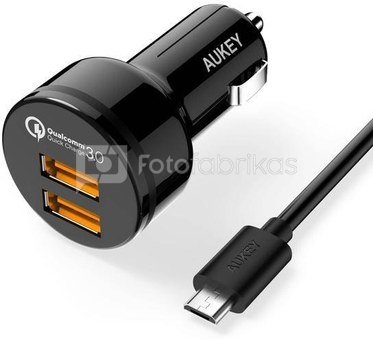 Aukey Car Charge 1.2-Port (USB type A) with Quick charge 3.0, Black
