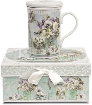 Puodelis plikomai arbatai dėžutėje su gėlių piešiniu 102382 12x11x8 cm P77-14233