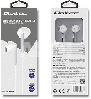 Qoltec In-ear headphone + microphone, white