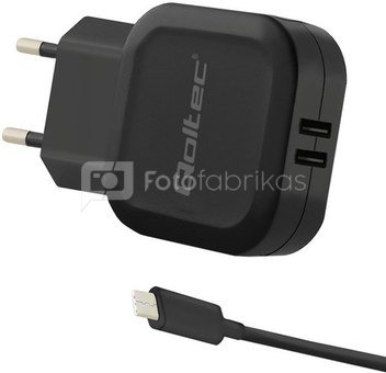 Qoltec Network Charger 17W | 5V | 3.4A | 2xUSB + Cable USB typC