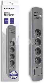 Qoltec Surge protector 4 sockets, 2xUSB, 1.8m| Grey