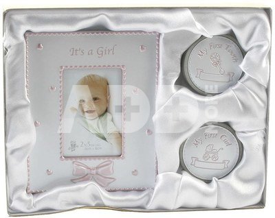 Rinkinys kūdikiui rėmelis+dėžutės pirmam dantukui,sruogai CG409 rožinis 16*20 cm