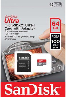 SanDisk Ultra microSDXC 64GB 100MBs Adapt. SDSQUAR-064G-GN6IA