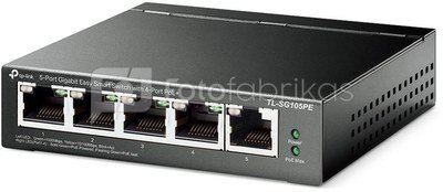 TP-Link TL-SG105PE Switch Unmanaged, Desktop, 5x10/100/1000Mbps ports, 4xPoE+ ports, PSU external, Steel case