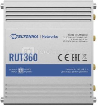 Teltonika Industrial Cellular Router RUT360 LTE CAT6  1 x LAN ports, 10/100 Mbps, compliance with IEEE 802.3, IEEE 802.3u standards, supports auto MDI/MDIX crossover Mbit/s, Ethernet LAN (RJ-45) ports 2 x RJ45 ports, 10/100 Mbps, Mesh Support No, MU-MiMO Yes, 3G/4G data sharing, Antenna type 2 x SMA for LTE, 2 x RP-SMA for WiFi