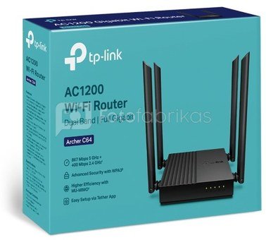 TP-LINK AC1200 Wireless MU-MIMO Wi-Fi Router Archer C64 802.11ac, 867+400 Mbit/s, Ethernet LAN (RJ-45) ports 4, MU-MiMO Yes, Antenna type 4 x Fixed