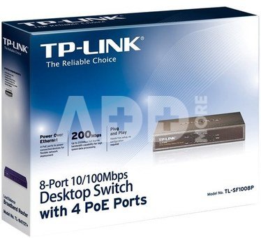 TP-LINK Switch TL-SF1008P Unmanaged, Desktop, 10/100 Mbps (RJ-45) ports quantity 8, PoE ports quantity 4, Power supply type External