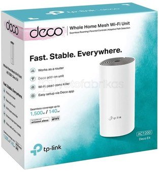 TP-LINK Whole Home Mesh Wi-Fi System Deco E4 (1-pack)  802.11ac, 867+300 Mbit/s, 10/100 Mbit/s, Ethernet LAN (RJ-45) ports 2, Mesh Support Yes, MU-MiMO Yes, Antenna type 2xInternal