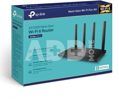 TP-LINK Wi-Fi 6 Router Archer AX12 802.11ax, 300+1201 Mbit/s, 10/100/1000 Mbit/s, Ethernet LAN (RJ-45) ports 3, MU-MiMO No, Antenna type External