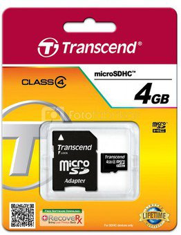 Transcend MicroSDHC 4GB + Adapteris