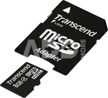 Transcend MicroSDHC 8GB + Adapteris / Class 4