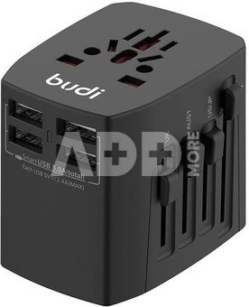 Univerzální síťová nabíječka / síťový adaptér Budi 4x USB, 5A, EU/UK/AUS/US/JP (černá)