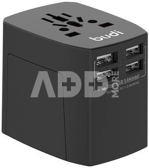 Univerzální síťová nabíječka / síťový adaptér Budi 4x USB, 5A, EU/UK/AUS/US/JP (černá)
