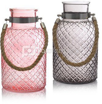 Vaza stiklinė su virvės rankena rožinė/pilka 11x25 cm HR16268 SAVEX