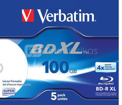 1x5 Verbatim BD-R Blu-Ray 100GB 4x Speed wide printable JC