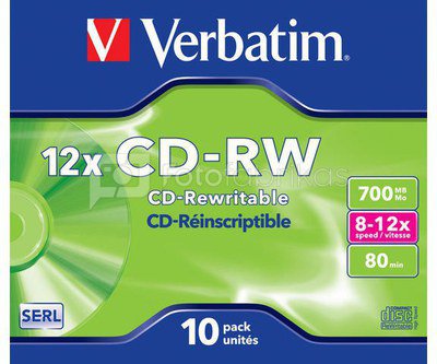 1x10 Verbatim CD-RW 80 / 700MB 8x - 12x Speed, Jewel Case