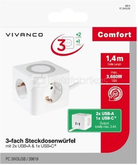 Vivanco Power Cube 3-Way USB-A/C 1.4m (39619)