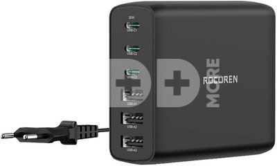 Wall charger GaN Rocoren 3x USB-C, 3x USB, 100W (black)