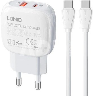 Wall charger LDNIO A2313C USB, USB-C + USB-C - USB-C cable
