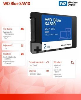 SSD|WESTERN DIGITAL|Blue SA510|2TB|SATA 3.0|Write speed 520 MBytes/sec|Read speed 560 MBytes/sec|2,5"|TBW 500 TB|MTBF 1750000 hours|WDS200T3B0A