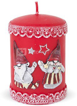 Žvakė raudona cilindro formos su kalėdų seneliais 10,5x7x7 cm 125892 KLD