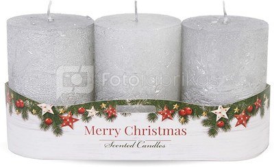 Žvakės 3 vnt. sidabrinės spalvos cilindro formos 9x6x6 cm 125907 KLD